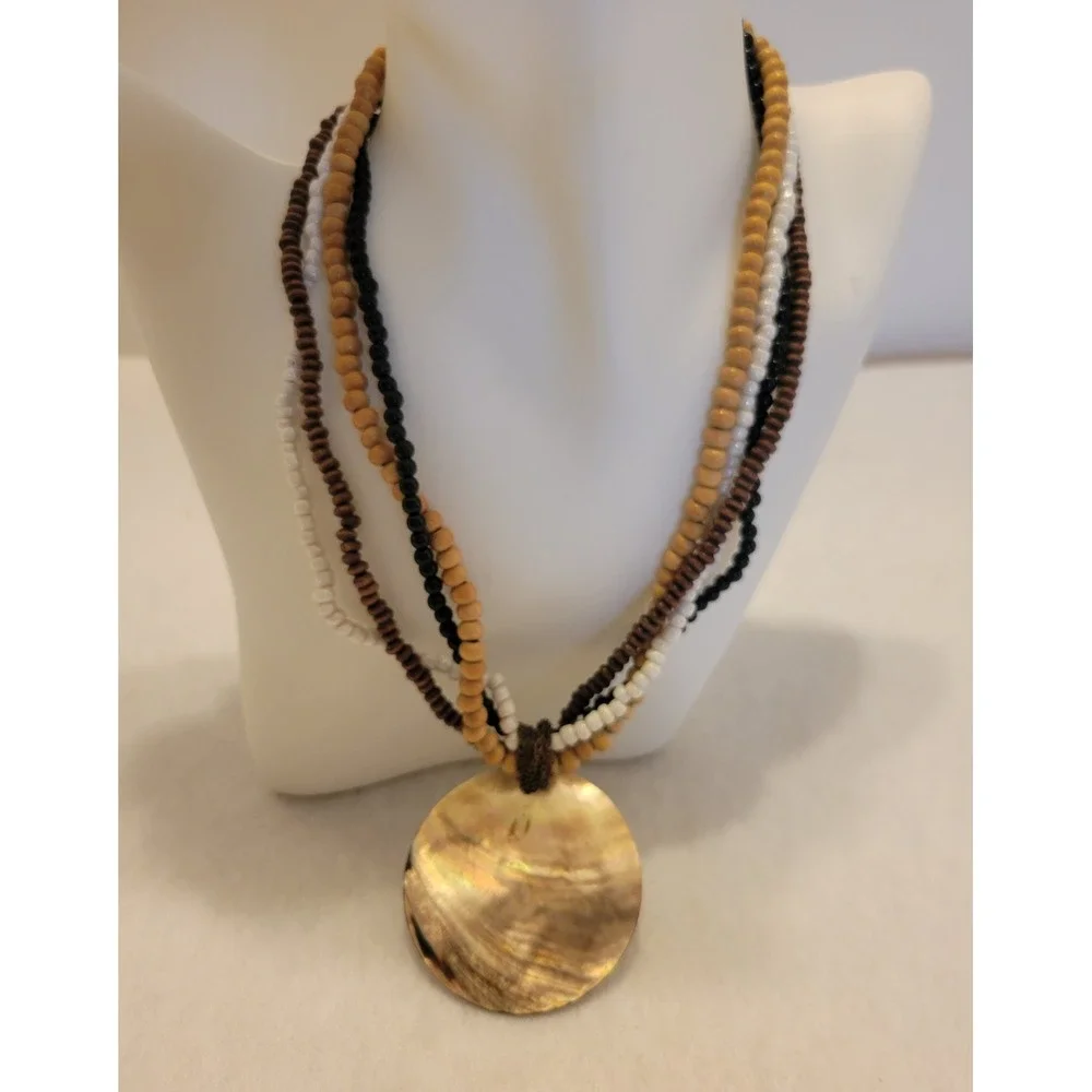 Shell‎ Pendant Necklace Boho Multi Strand Wood Bead Coastal Brown Womens